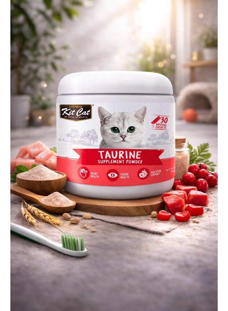 بودرة مكمل التورين الغذائي للقطط تركيبة احترافية لدعم صحة القلب وقوة الإبصار وتحسين وظائف الجهاز الهضمي تحتوي على 30 مغلفاً فردياً لسهولة الاستخدام اليومي.