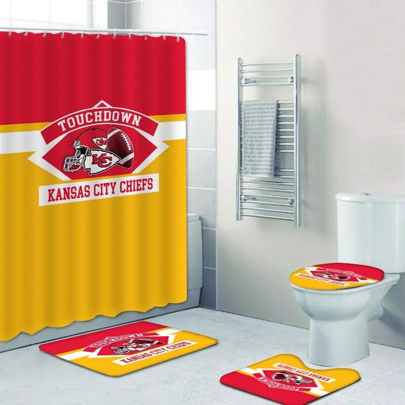 Y&D Kansas City Chiefs Bathroom Shower Curtain Toilet Cover Bath Mat 4PCS With Shower Curtain and Rugs - Image 1