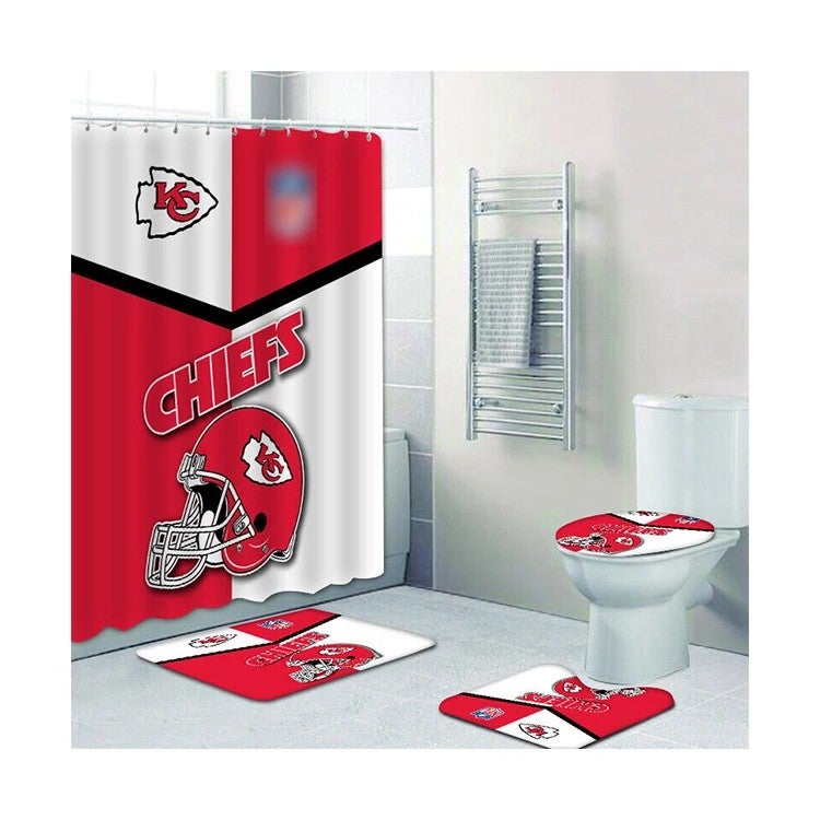 Y&D Kansas City Chiefs Bathroom Shower Curtain Toilet Cover Bath Mat 4PCS With Shower Curtain and Rugs - Image 2