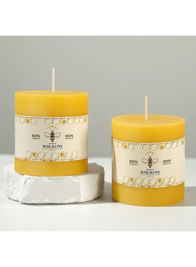 MAKALONE 2 Pack Natural Beeswax Candles,88 Hours Long Burning-Bees Wax Candles for Home,100% Pure Beeswax Pillar Candle for Emergency,Paryer,Parties,Unscented Dripless Smokeless Pillar Candle Bulk 2.8x3in - Image 1