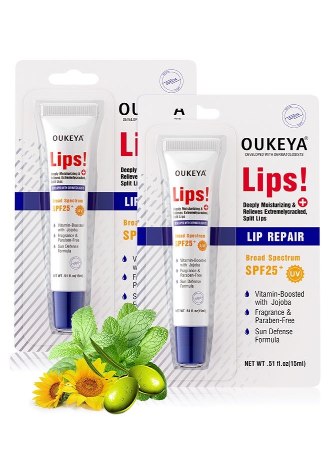 OUKEYA 2 Packs Lip Repair, Medicated Lip Balm w/Organic & 100% Natural Ingredients, Squeeze Tube Lip Butter SPF 25+ Long-Lasting Moisturizing Overnight Lip Mask Gentle Exfoliation Extreme Dry Lips Treatment - Image 1