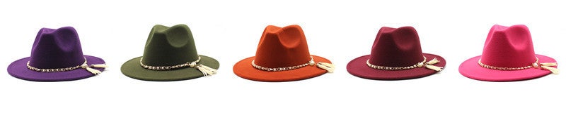 Fedora Autumn Winter British Pearl Tassel Chain  Unisex Oversized Brim Hat - Image 4
