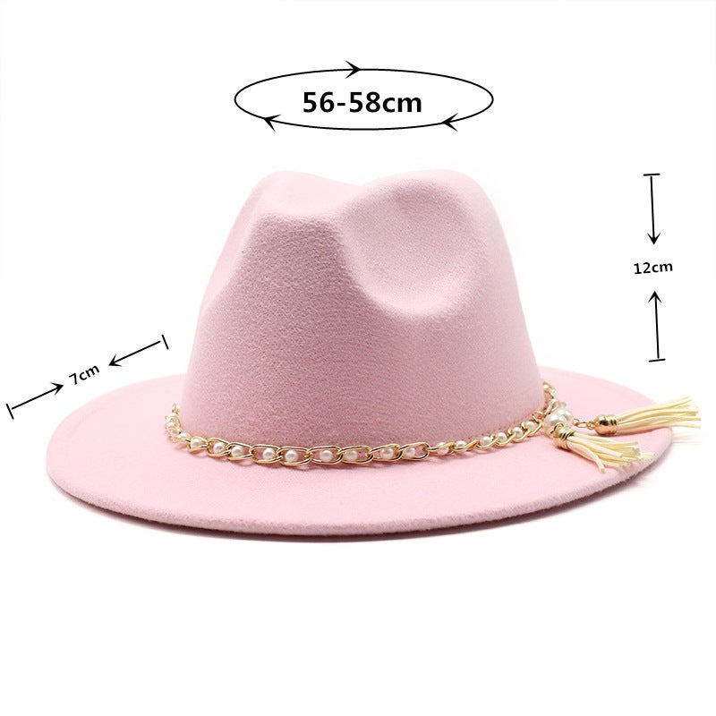 Fedora Autumn Winter British Pearl Tassel Chain  Unisex Oversized Brim Hat - Image 2