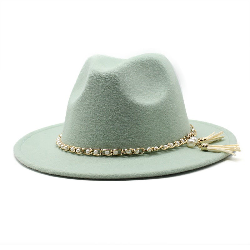 Fedora Autumn Winter British Pearl Tassel Chain  Unisex Oversized Brim Hat - Image 1