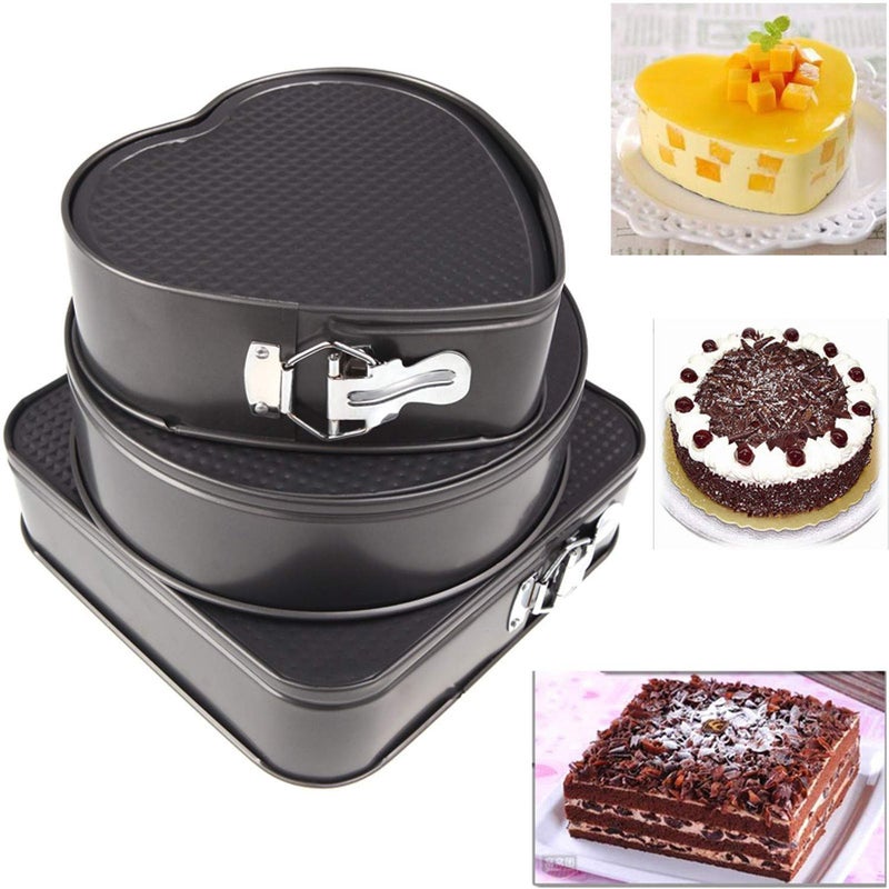 Plenteous Carbon Steel Coated Tin Cake Mould Mold Pan Heart Round Square 3Pieces Black - Image 1