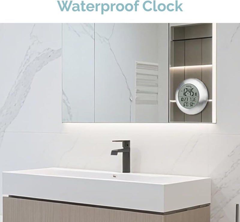 KADAMS Bathroom Shower Digital Wall Clock 9.5'' Kitchen Clock Calendar Water Resistant - Large LCD Screen - Temperature & Humidity Display - Thoughtful Gift for All Ages (Silver) - Image 2