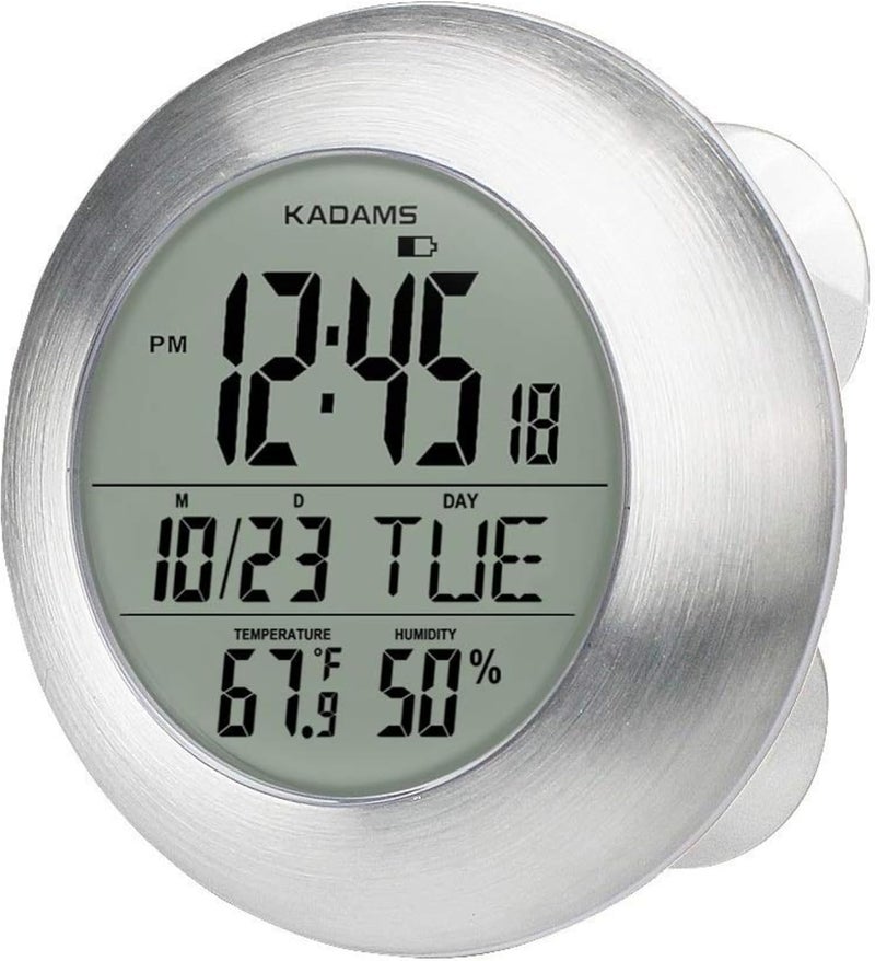 KADAMS Bathroom Shower Digital Wall Clock 9.5'' Kitchen Clock Calendar Water Resistant - Large LCD Screen - Temperature & Humidity Display - Thoughtful Gift for All Ages (Silver) - Image 1