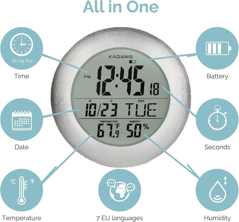 KADAMS Bathroom Shower Digital Wall Clock 9.5'' Kitchen Clock Calendar Water Resistant - Large LCD Screen - Temperature & Humidity Display - Thoughtful Gift for All Ages (Silver) - Image 3