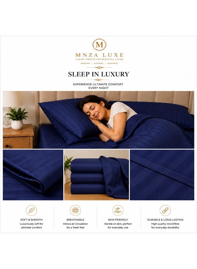 MNZA LUXE طقم شرشف سرير مطاطي من المايكروفايبر الجاكار | مخطط 300 خيط (TC) | يشمل شرشف سرير مطاطي واحد + 2 غطاء وسادة | فائق النعومة، قابل للتنفس ومقاوم للتجاعيد | أزرق كحلي - Image 2
