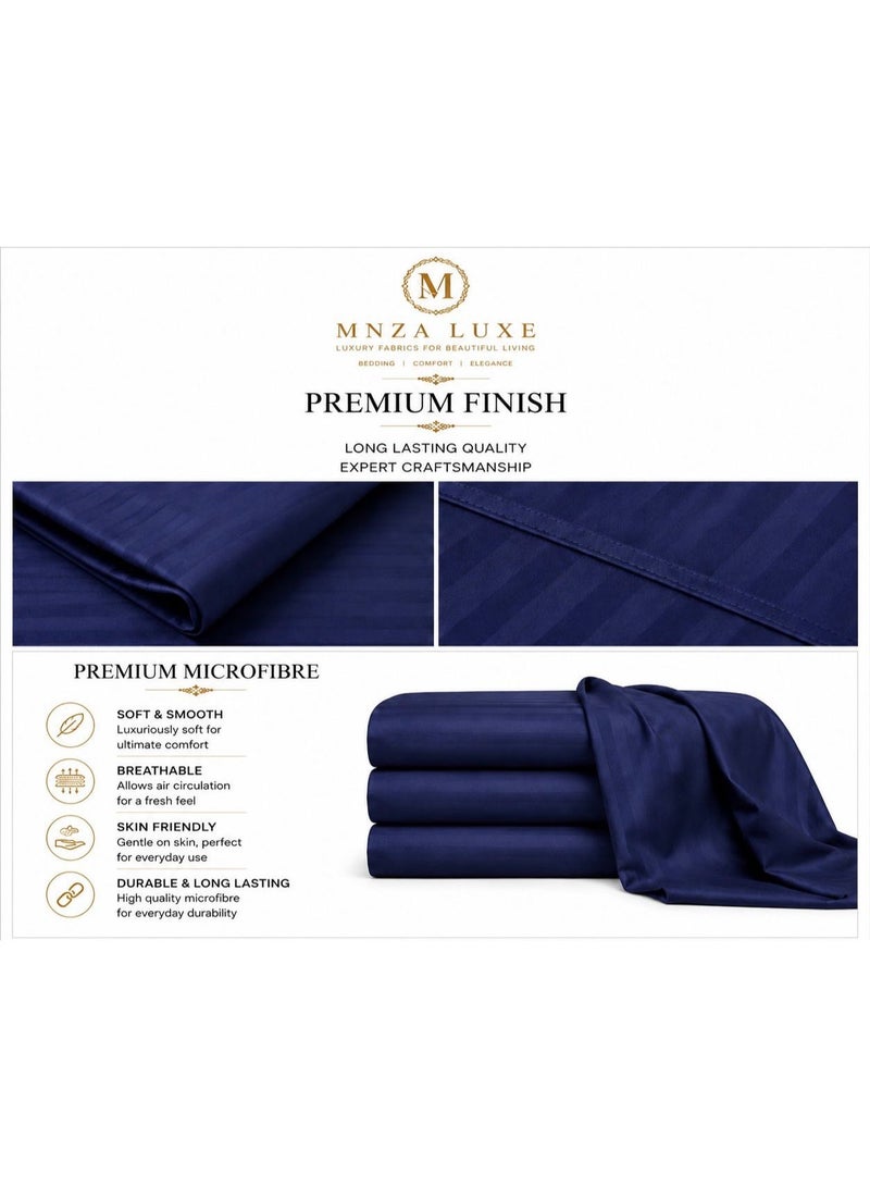 MNZA LUXE طقم شرشف سرير مطاطي من المايكروفايبر الجاكار | مخطط 300 خيط (TC) | يشمل شرشف سرير مطاطي واحد + 2 غطاء وسادة | فائق النعومة، قابل للتنفس ومقاوم للتجاعيد | أزرق كحلي - Image 3