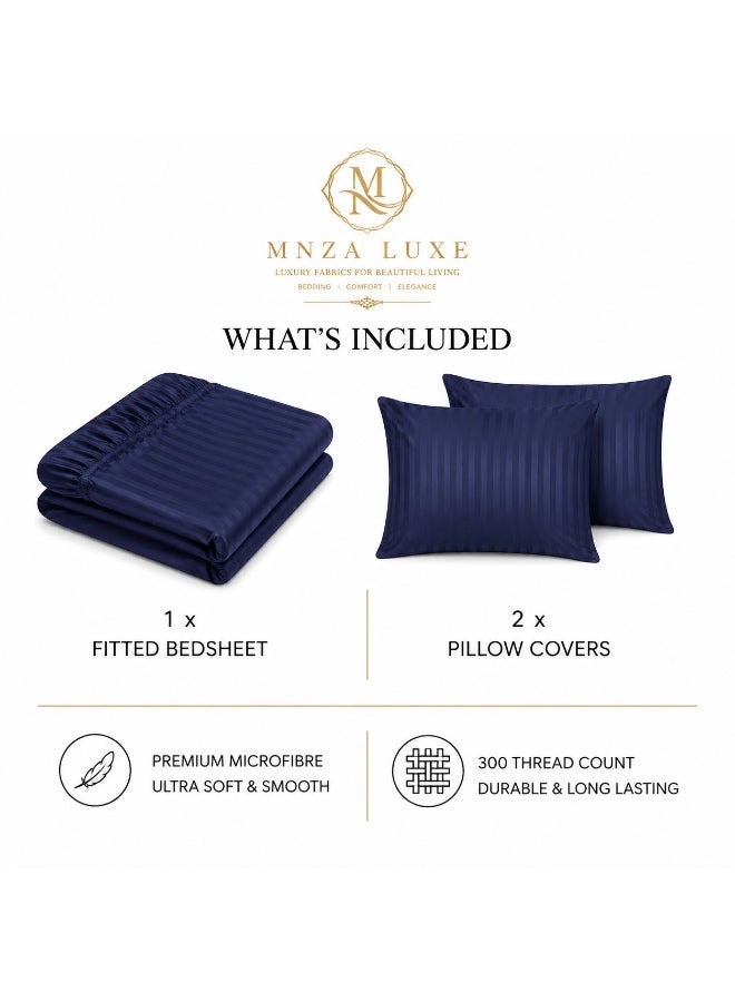 MNZA LUXE طقم شرشف سرير مطاطي من المايكروفايبر الجاكار | مخطط 300 خيط (TC) | يشمل شرشف سرير مطاطي واحد + 2 غطاء وسادة | فائق النعومة، قابل للتنفس ومقاوم للتجاعيد | أزرق كحلي - Image 4