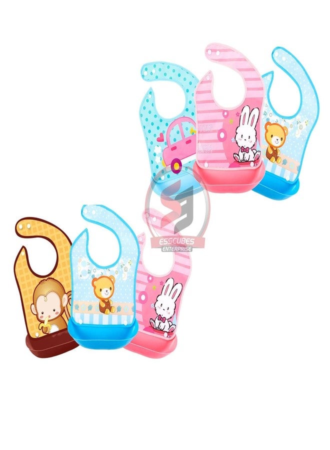 Ess Cubes Enterprise Cartoon Animal Adjustable Strap Waterproof Reusable Silicone Baby/Toddlers girl boys Bibs Apron for Lunch Feeding Babies eating detachable saliva pocket Tray/Food Catcher Mix Color (6) - Image 1