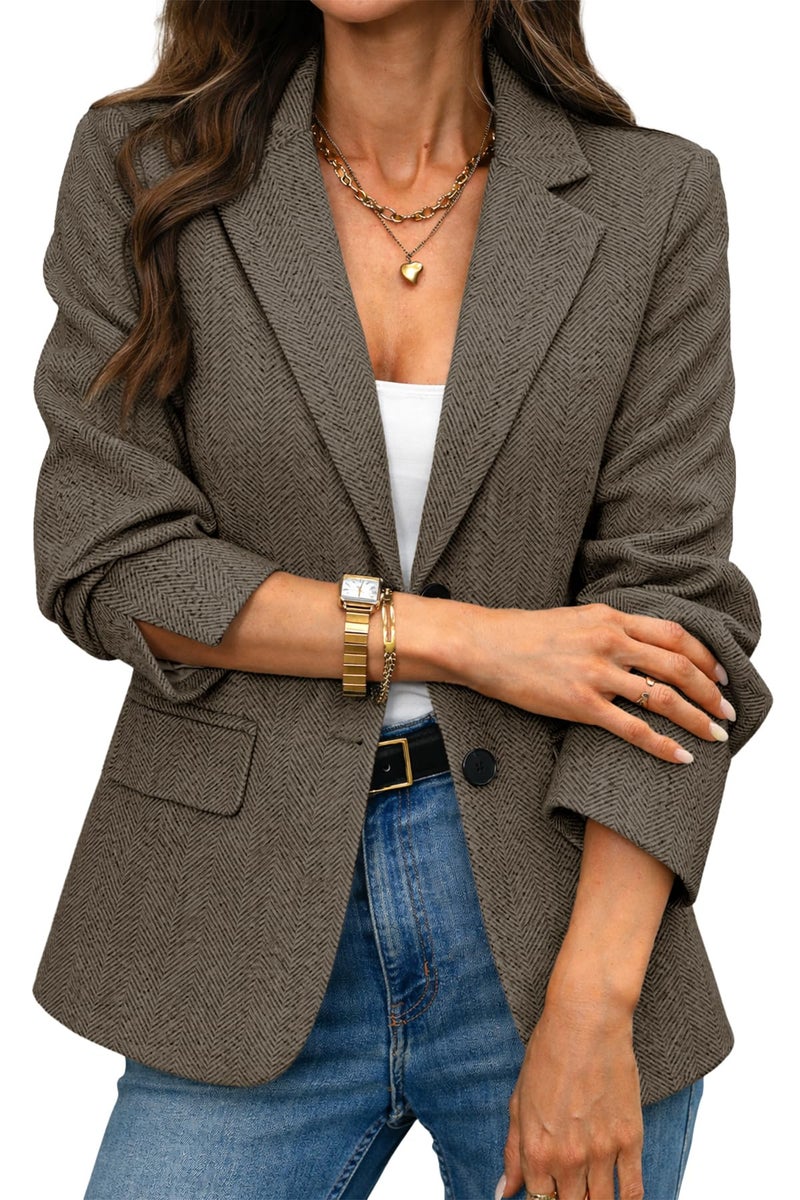 ELLEVEN Womens Business Casual Herringbone Tweed Blazers 2 Button Jackets Slim Fit Lightweight Long Sleeve Suit Work Office Blazer with Pockets Dressy Trendy Outfits Fall Winter Brown X-Large - Image 1