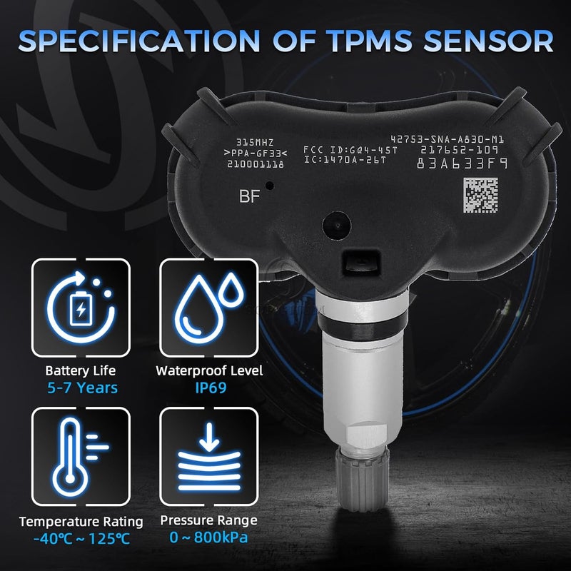 Sorghum Tire Pressure Monitoring System - Pre-Programmed TPMS Sensors 4 Pcs 315MHz for Honda and Acura - Image 2