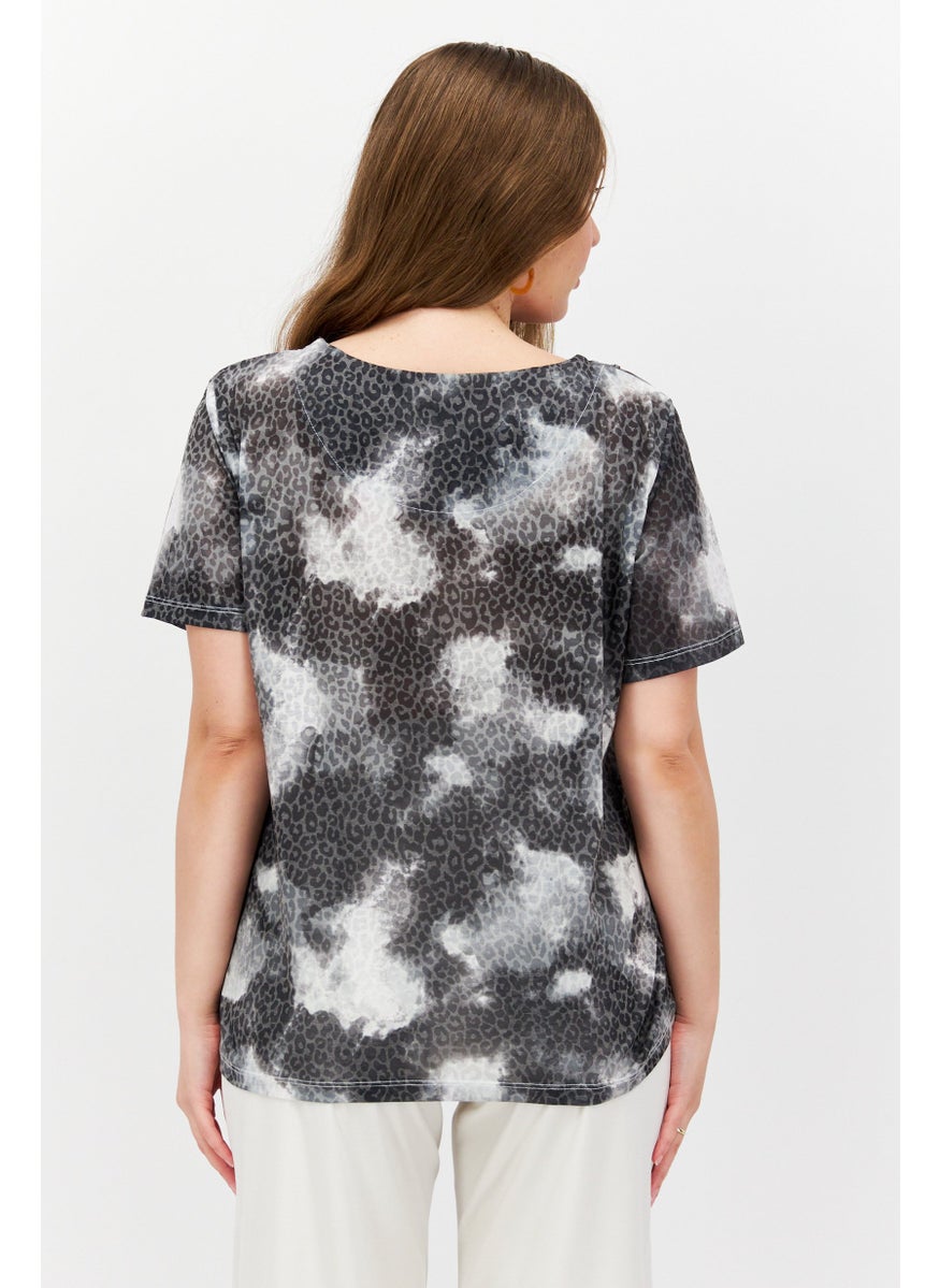 Alfred Dunner - Women Round Neck Short Sleeve Animal Print Top, Black Combo - Image 1