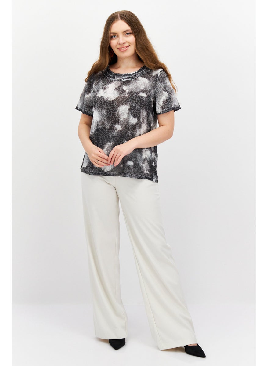 Alfred Dunner - Women Round Neck Short Sleeve Animal Print Top, Black Combo - Image 1