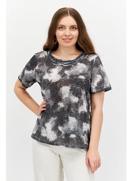 Women Round Neck Short Sleeve Animal Print Top, Black Combo