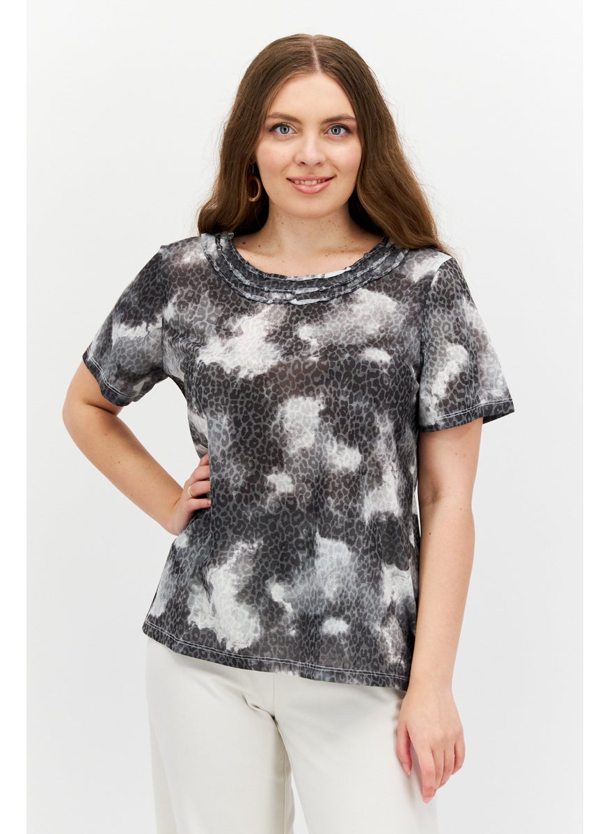 Alfred Dunner - Women Round Neck Short Sleeve Animal Print Top, Black Combo - Image 1