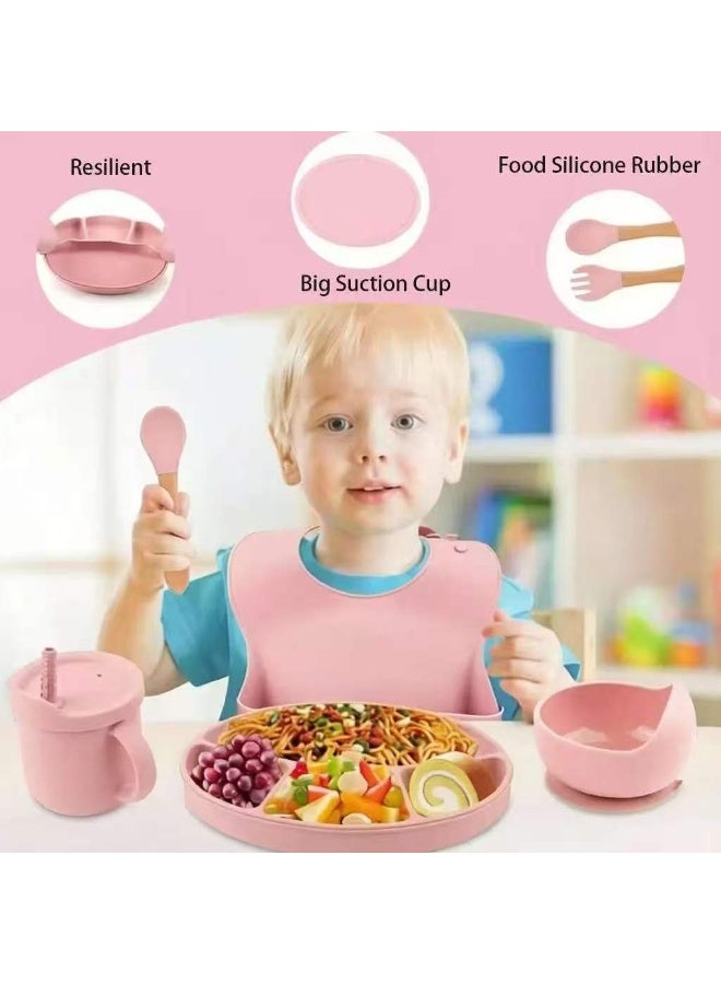 CESETH 7-Piece Silicone Baby Feeding Set, Free Of Bpa (Divided Tray, Soft Silicone Bib, Feeding Cup, Wooden Spoons And Forks, Dual-Purpose Water Cup Suitable For Infants And Children, Suitable For Children's Weaning And Independent Feeding Set Of Tableware) - Image 3