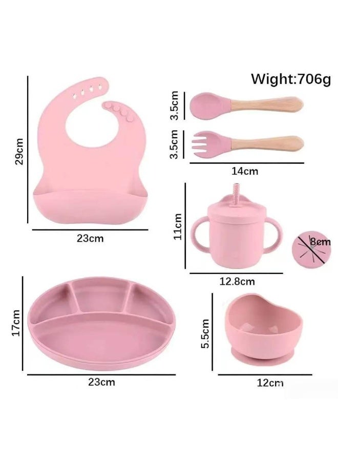 CESETH 7-Piece Silicone Baby Feeding Set, Free Of Bpa (Divided Tray, Soft Silicone Bib, Feeding Cup, Wooden Spoons And Forks, Dual-Purpose Water Cup Suitable For Infants And Children, Suitable For Children's Weaning And Independent Feeding Set Of Tableware) - Image 5