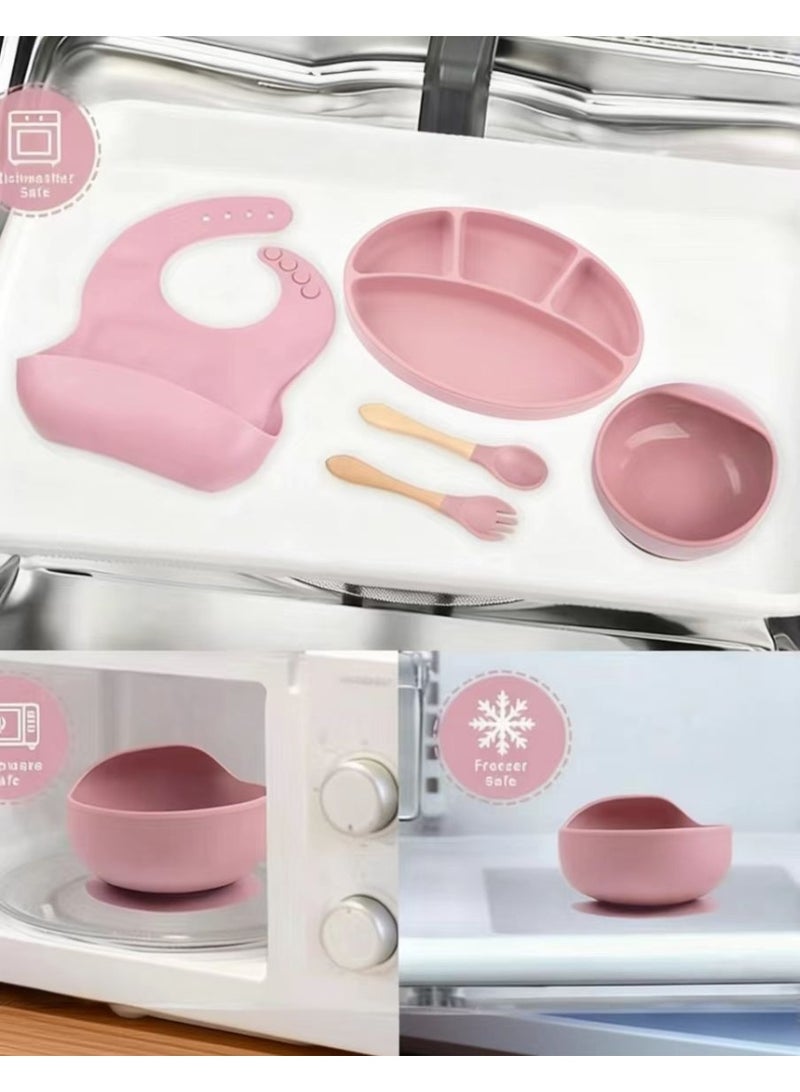 CESETH 7-Piece Silicone Baby Feeding Set, Free Of Bpa (Divided Tray, Soft Silicone Bib, Feeding Cup, Wooden Spoons And Forks, Dual-Purpose Water Cup Suitable For Infants And Children, Suitable For Children's Weaning And Independent Feeding Set Of Tableware) - Image 4