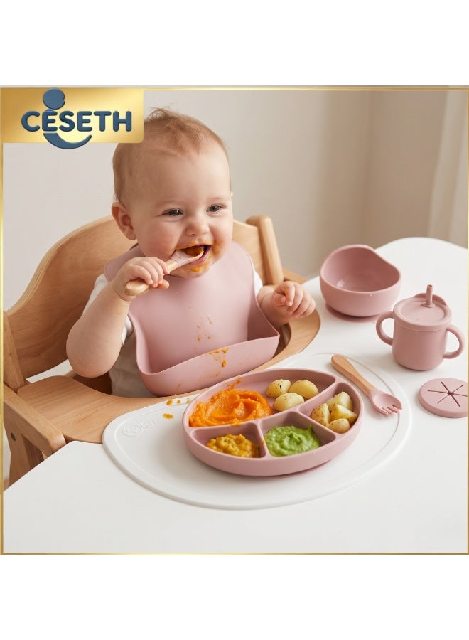 CESETH 7-Piece Silicone Baby Feeding Set, Free Of Bpa (Divided Tray, Soft Silicone Bib, Feeding Cup, Wooden Spoons And Forks, Dual-Purpose Water Cup Suitable For Infants And Children, Suitable For Children's Weaning And Independent Feeding Set Of Tableware) - Image 1