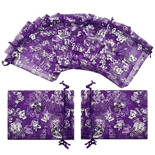 Ankirol 100pcs Sheer Organza Favor Bags Purple Butterfly Print For Wedding Gift Bags Samples Display Drawstring Pouches (5x7) - Image 4
