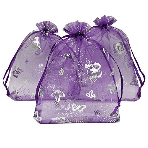 Ankirol 100pcs Sheer Organza Favor Bags Purple Butterfly Print For Wedding Gift Bags Samples Display Drawstring Pouches (5x7) - Image 3