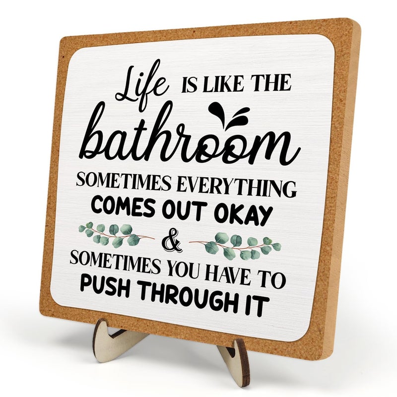 DMADNF Bathroom Decor, Vintage Bathroom Wood Plaque Sign, Life is Like The Bathroom Sign Desk Decor, Farmhouse Decor for Shelf Bathroom Toilet Home Decor 5.9x5.9 Inch (White-1) - Image 1