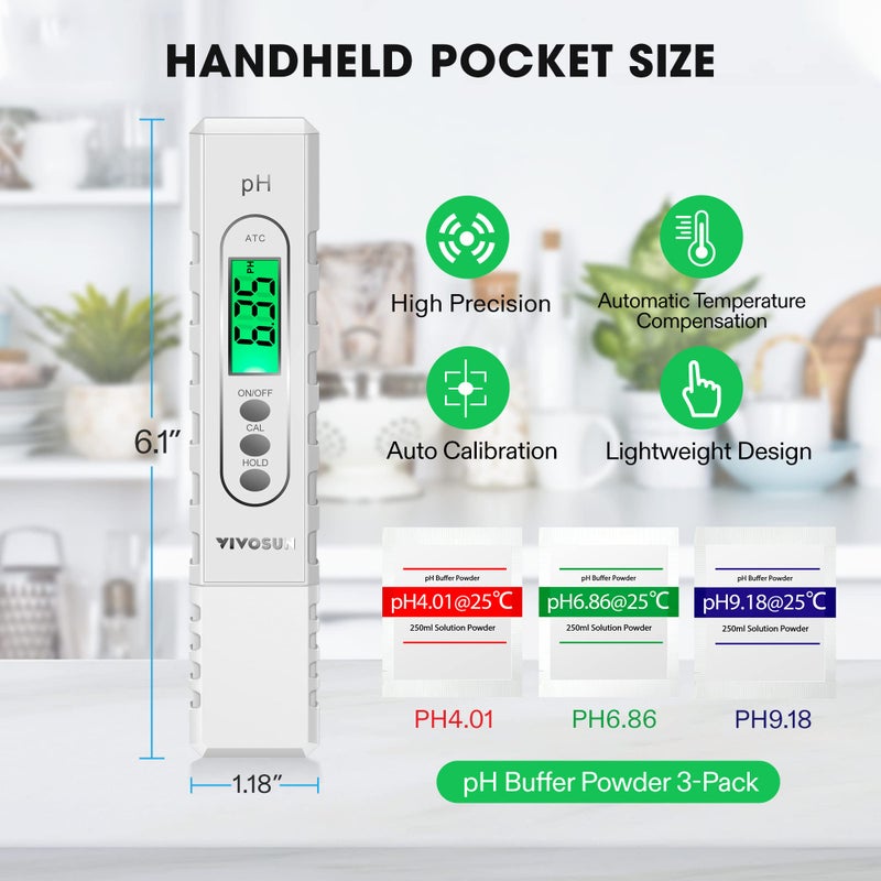 VIVOSUN PH Meter Digital PH Tester Pen 0.01 High Accuracy Water Quality Tester with 0-14 PH Measurement Range for Hydroponics, Household Drinking, Pool and Aquarium, with ATC, White