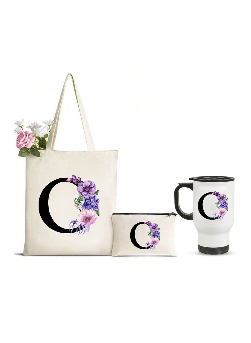 PRINTSHOP4ME Initial Letters Canvas Cotton Tote Bag, Cosmetic Pouch, and Stainless Steel Travel Mug - A Stylish Pack of 3 Combo Set for Girls - Gift for wedding - Gifts for girls - Gift for friends - Image 1
