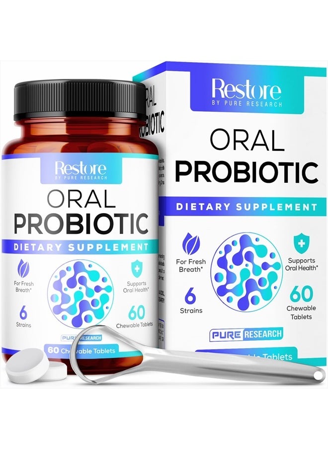 PURE RESEARCH - Oral Probiotics & Tongue Scraper for Bad Breath Support, Oral Health Maintenance, Fresh Breath Aid - 6 Probiotic Strains W/BLIS M18 - Supportive Oral Probiotic - 60 Chewable Tablets - Mint Flavored - Image 1