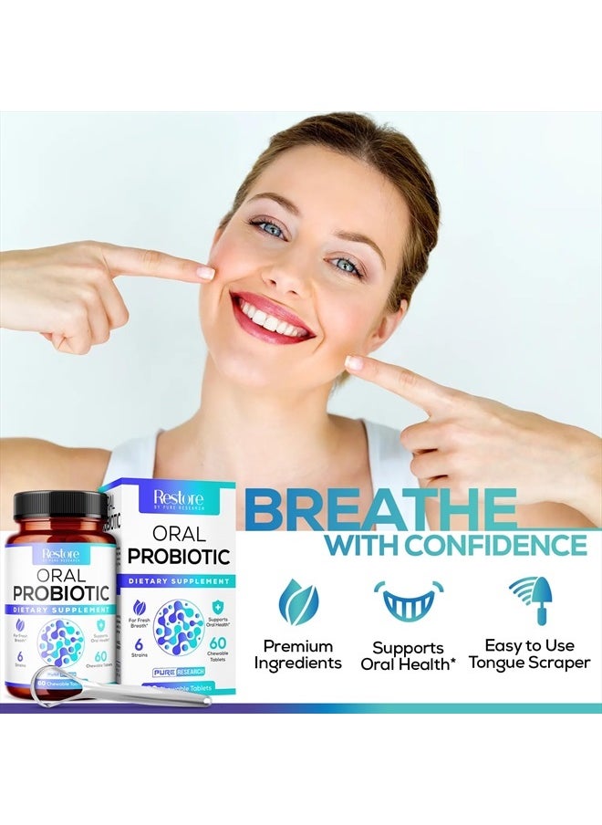 PURE RESEARCH - Oral Probiotics & Tongue Scraper for Bad Breath Support, Oral Health Maintenance, Fresh Breath Aid - 6 Probiotic Strains W/BLIS M18 - Supportive Oral Probiotic - 60 Chewable Tablets - Mint Flavored - Image 1