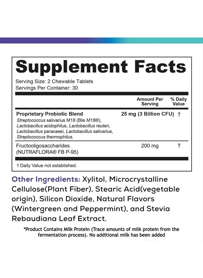 PURE RESEARCH - Oral Probiotics & Tongue Scraper for Bad Breath Support, Oral Health Maintenance, Fresh Breath Aid - 6 Probiotic Strains W/BLIS M18 - Supportive Oral Probiotic - 60 Chewable Tablets - Mint Flavored - Image 1