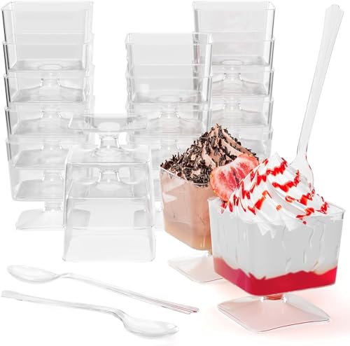 Exquisite Mini Dessert Cups With Spoons 200 Pcs 2 Oz Square Clear Plastic Pudding Cups Disposable With Tasting Spoons 100 Sets Mini Parfait Cup Appetizer Cup For Party Events - Image 1
