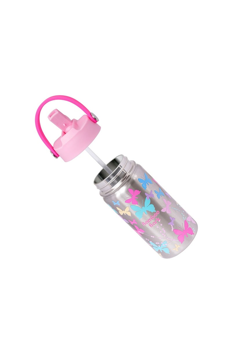 Bamboo Bark Insulated Water Bottle for Kids, 400ml Stainless Steel with Straw Lid, BPA Free Leak Proof School Water Bottle for Girls & Daily Use (Butterfly Print) - Image 3