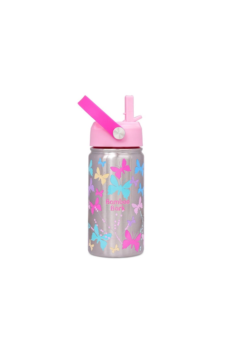 Bamboo Bark Insulated Water Bottle for Kids, 400ml Stainless Steel with Straw Lid, BPA Free Leak Proof School Water Bottle for Girls & Daily Use (Butterfly Print) - Image 1