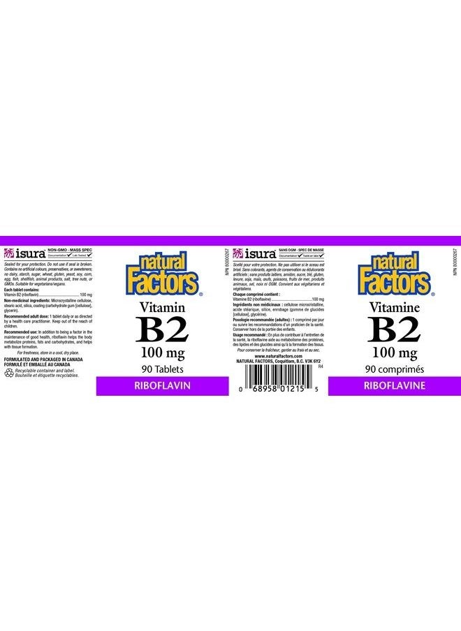 natural Factors - Vitamin B2 Riboflavin 100mg, Support for Energy & Normal Metabolism, 90 Tablets - Image 1