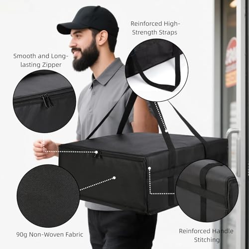 Silanit 19.6" x 19.6" x 5.9" Insulated Pizza Delivery Bag with Zipper Closure, Thermal Food Carrier for Hot & Cold Meals, Reusable Delivery Bag for Catering, Transport & Home Use, Black (1 Pack) - Image 4