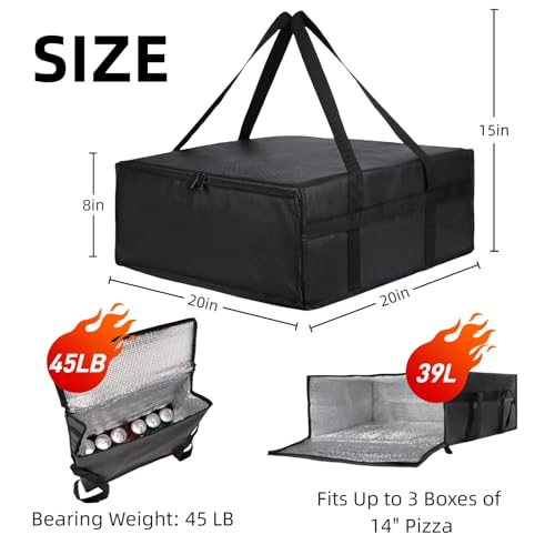 Silanit 19.6" x 19.6" x 5.9" Insulated Pizza Delivery Bag with Zipper Closure, Thermal Food Carrier for Hot & Cold Meals, Reusable Delivery Bag for Catering, Transport & Home Use, Black (1 Pack) - Image 5