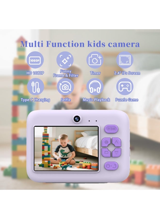 Toy Camera,HD-Retro Instant Print Camera for Kids – Black & White Photo Prints, Built-in Mini Games, Great for Everyday Fun, Travel & Holiday Gifts, Includes 3 Paper Rolls, USB Cable & Lanyard, Purple - Image 5