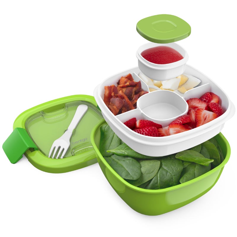 Bentgo Bentgo Salad Container  54 oz Bowl with 4Compartment Toppings Tray LeakProof Dressing Container Reusable Fork BPAFree Lunch Box for Meal Prep  Food Storage Removable Bento Tray Green 