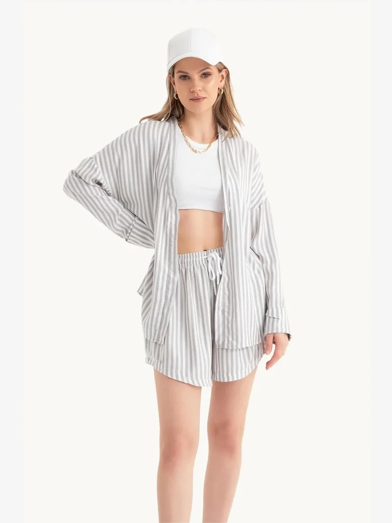 2 Pieces: Striped V Neck Relaxed Shirt & Striped Drawstring Shorts
