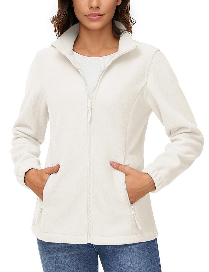 TACVASEN Womens Zip Up Fleece Jackets Soft Lightweight Warm Hiking Sweatshirt Winter Sweater Coats With Pocket Cream M