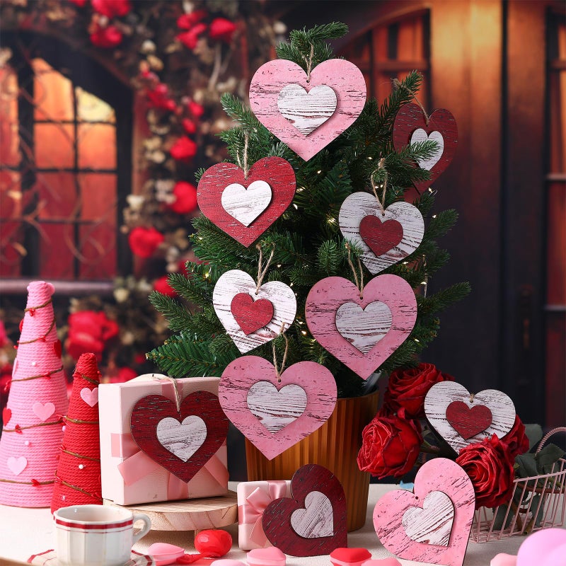 Vercraft 24 Pcs Valentines Day Tree Decorations Red Pink White Wood Heart Tree Ornaments Distressed Rustic Valentines Hanging Decoration for Home Office Wedding Anniversary Birthday Party Gifts - Image 1