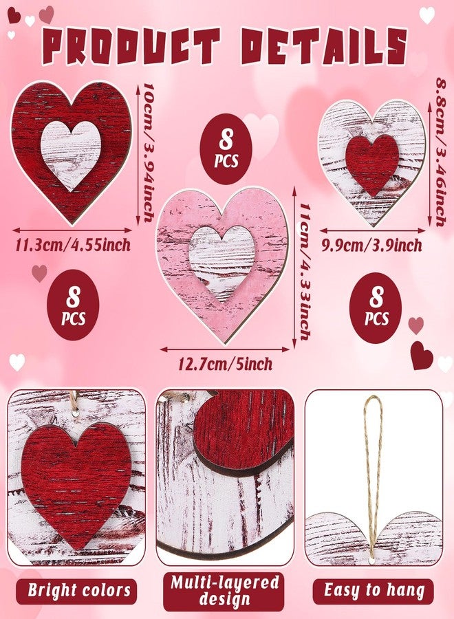 Vercraft 24 Pcs Valentines Day Tree Decorations Red Pink White Wood Heart Tree Ornaments Distressed Rustic Valentines Hanging Decoration for Home Office Wedding Anniversary Birthday Party Gifts - Image 2