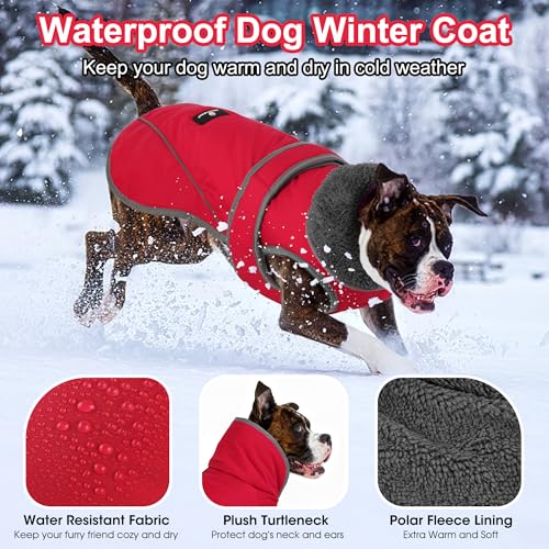 Dogcheer Dog Coat Waterproof Dog Jacket Reflective Pet Winter Coat with Adjustable Hook Loop Christmas Puppy Fleece Jacket Warm Turtleneck Snowsuit for Small Medium Large Dogs Red S - Image 3