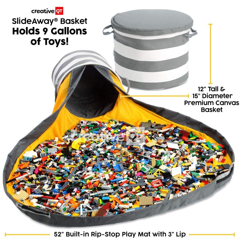 Creative QT SlideAway Toy Storage Organizer & Extra Large 52" Play Mat, Collapsible Storage Bins for Building Bricks, Small Blocks, Toys, Drawstring Cleanup for Kids Playroom & Classroom, Grey Stripes - Image 3