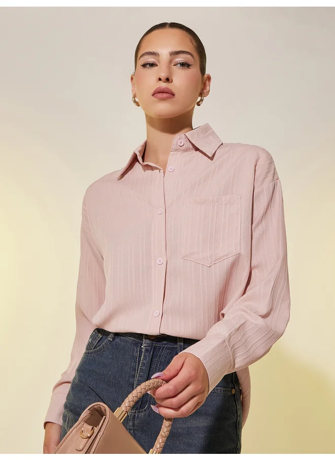 تايك تو Take Two Stripe Textured Pocket Detail Oversized Shirt