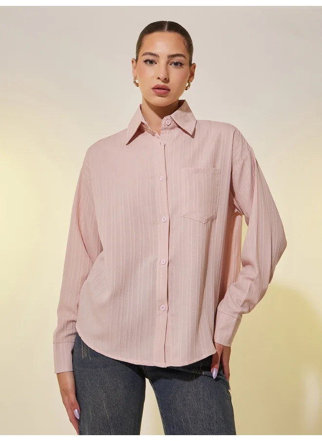 تايك تو Take Two Stripe Textured Pocket Detail Oversized Shirt